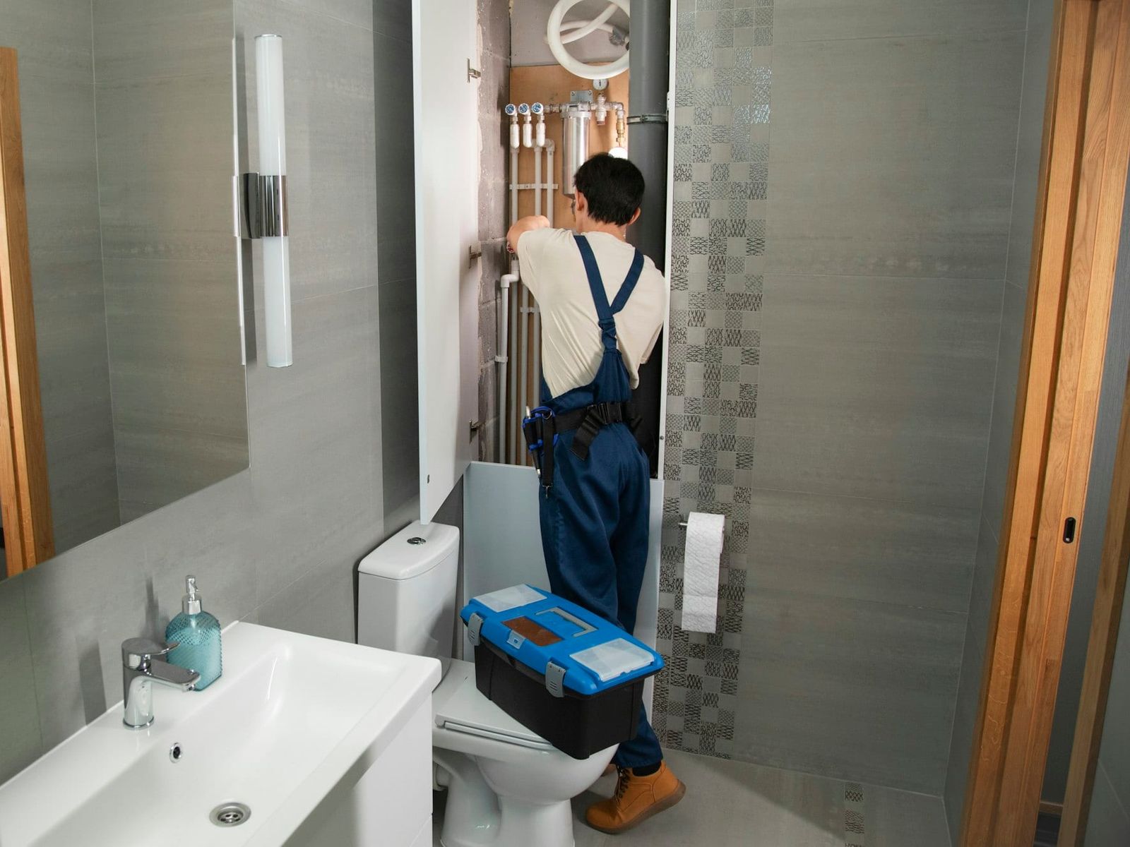 Plumber with a toolbox working on pipes in a bathroom