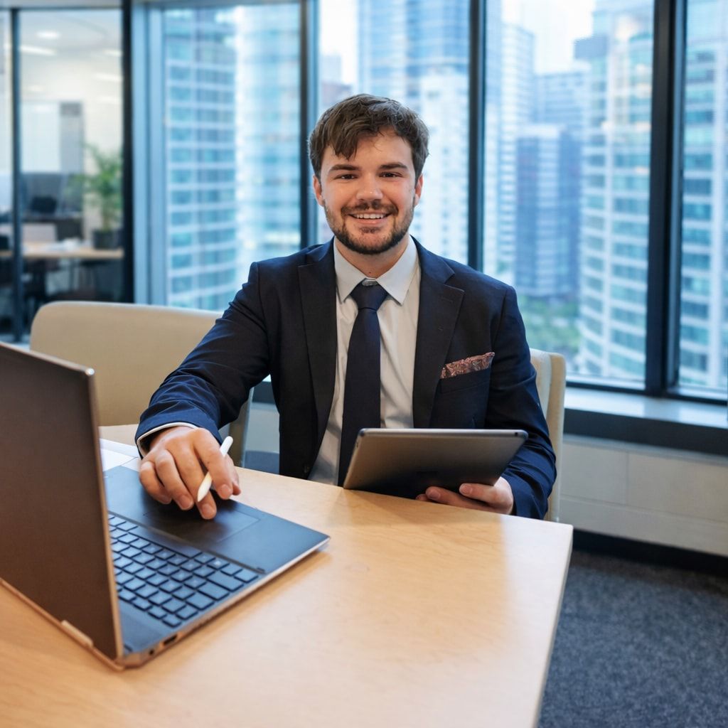 Zachary Cummings, CPA, at a desk with a laptop and a tablet